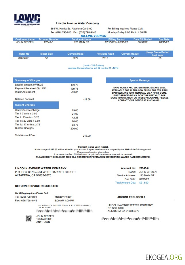USA California Lincoln Avenue Water Company utility bill template in Word and PDF format